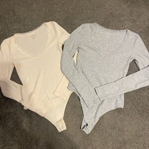 Lace Trim Bodysuit Set in Cream and Gray